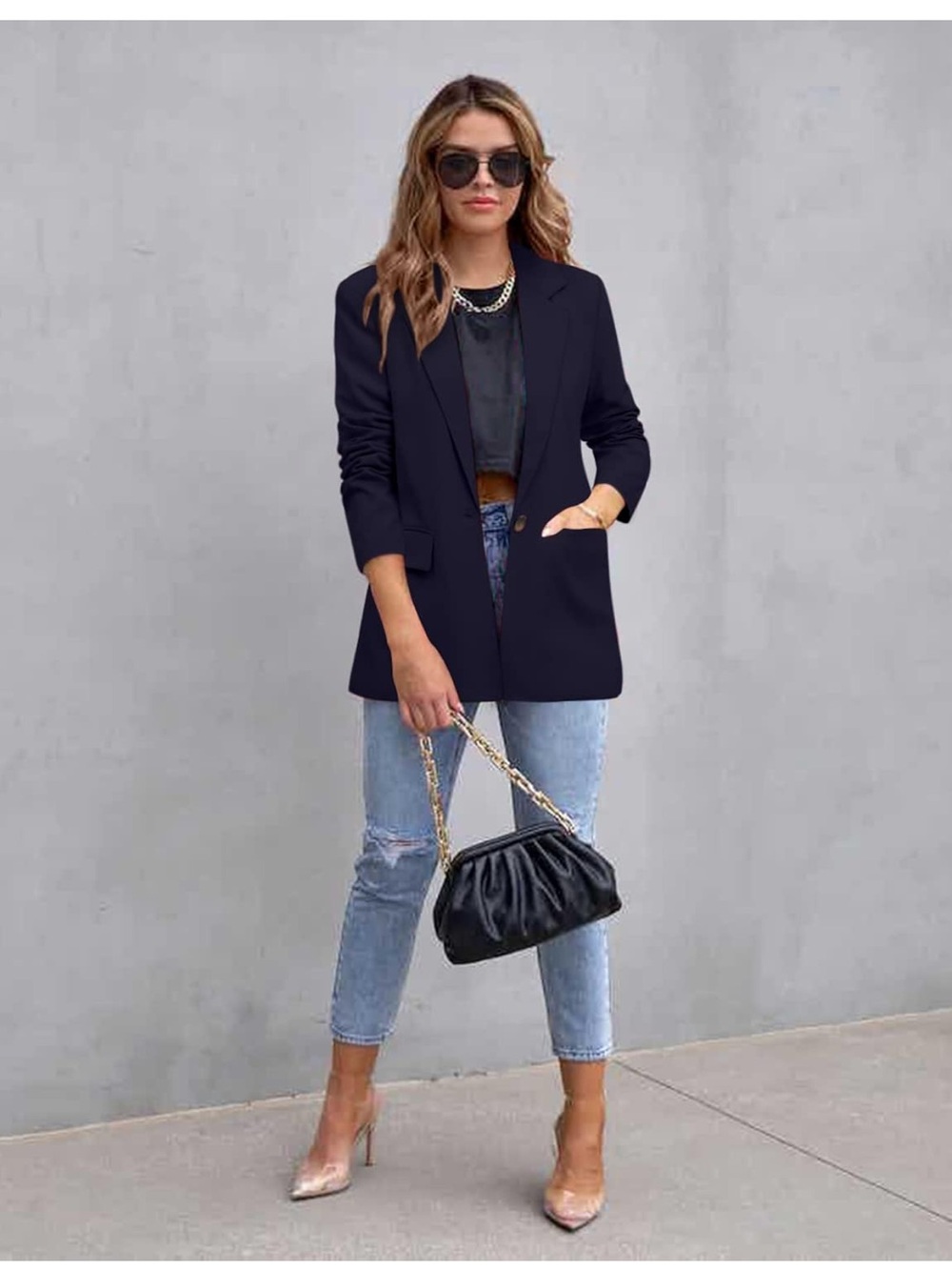 Womens Classic Longline Navy Blazer - Sleek Tailored Jacket